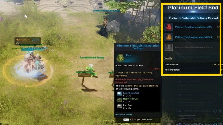 Główna cecha pól, to możliwość odnalezienia specjalnych skarbów, poprzez pozyskiwanie konkretnych surowców: to, które aktywności gwarantują odnalezienie skarbów pokazują obiekty umieszczone w strefie startowej i oznaczone tabliczkami - Lost Ark: Platinum Field - Lost Ark - poradnik do gry