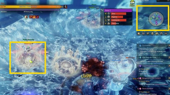 Główna mechanika, która następuje co około półtorej minuty, wymaga ustawienia się we wskazanych złotych polach na arenie (po jednej osobie na strefę), by uniknąć wipe - Lost Ark: Alarics Sanctuary - boss , jak pokonać? - Lost Ark - poradnik do gry 