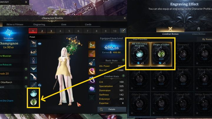 Aby zastosować engraving jako imprint, należy przeciągnąć jego ikonę z panelu Engraving Effect na jedno z dwóch pól w panelu postaci, poniżej lewej kolumny wyposażenia (screen powyżej) - Lost Ark: Engravings, Ability Stones i Faceting - Lost Ark - poradnik do gry