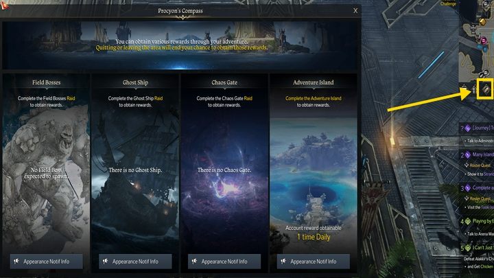 Po uruchomieniu gry, gdy macie zaplanowany czas na rozgrywkę danego dnia, warto sprawdzić Procyons Compass (ikona kompasu poniżej mini-mapy), by sprawdzić dostępne dla Was wydarzenia - Lost Ark: Codzienne aktywności - lista wszystkich - Lost Ark - poradnik do gry 
