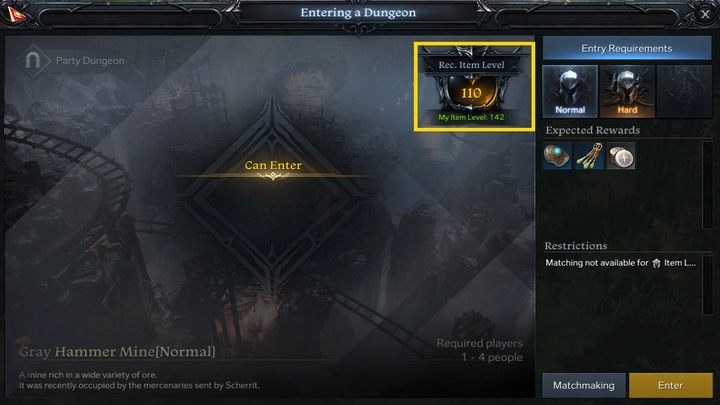 W górnej prawej części ekranu oznaczony został sugerowany poziom wyposażenia bohatera oraz po prawej przykładowe nagrody. - Lost Ark: Lochy (Dungeons) - jak działają? - Lost Ark - poradnik do gry