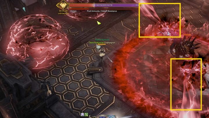 Gdy żywotność bossa spadnie do 8 i 4x paska zdrowia, rozpocznie się etap karuzeli - Nazan rozkłada ręce i kręci się w jedną stronę, wystrzeliwując promienie o dużej sile ataku oraz odpychające bohaterów na przeszkody wokół areny - Lost Ark: Road of Lament - jak ukończyć? - Lost Ark - poradnik do gry 