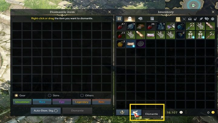 Aby otworzyć pole demontażu, wybierzcie przycisk Dismantle w swoim ekwipunku, w dolnej lewej części okna - Lost Ark: Przedmioty: rozbieranie, zarządzanie, naprawa - Lost Ark - poradnik do gry 