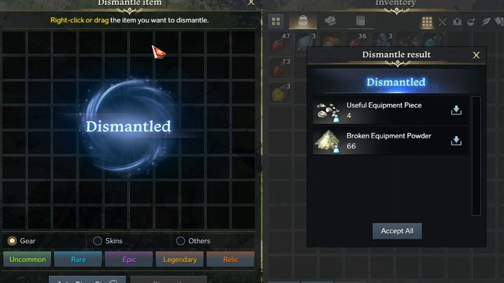 Na koniec potwierdźcie rozbiórkę wybierając przycisk Dismantle w oknie demontażu - Lost Ark: Przedmioty: rozbieranie, zarządzanie, naprawa - Lost Ark - poradnik do gry 