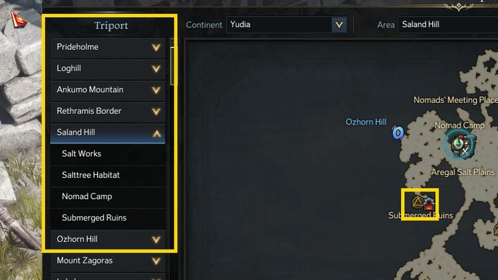 Aby używać szybkiej podróży, otwórzcie mapę i wybierzcie jeden z odblokowanych Triportów - ikona okręgu z wpisanym trójkątem - aktywny ma kolor brązowo-żółty, zaś nieaktywny - szary - Lost Ark: Szybka podróż - jak działa? - Lost Ark - poradnik do gry 