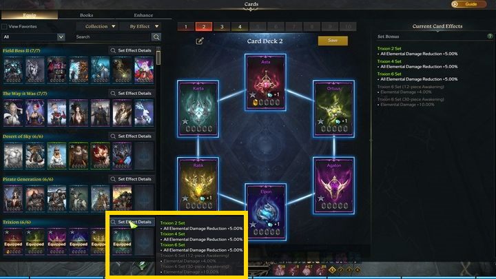 Po otworzeniu panelu kart (Alt+C), ujrzycie po lewej stronie karty zebrane w układy (sets) - Lost Ark: Karty (Cards) - czym są, ulepszanie talii - Lost Ark - poradnik do gry