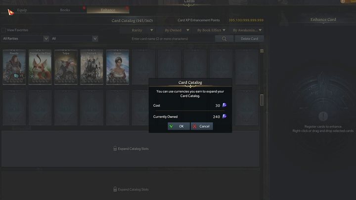 Przechodząc do zakładki Enhance i zjeżdżając na dół strony, możecie dokupić (za niebieskie kryształy - czyli pośrednio za złoto), kolejny rząd, odblokowujący 10 miejsc na nowe karty - Lost Ark: Karty (Cards) - czym są, ulepszanie talii - Lost Ark - poradnik do gry