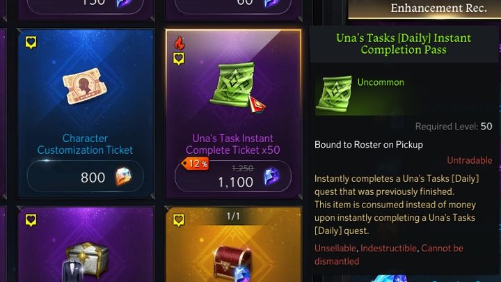 Po rozpoczęciu zadania, możecie natychmiast je ukończyć za cenę niebieskich kryształów lub używając przedmiotu ze sklepu gry: Unas Tasks Instant Completion Pass, które umożliwiają ukończenie zadania w cenie 25 kryształów - Lost Ark: Unas Tasks - informacje - Lost Ark - poradnik do gry