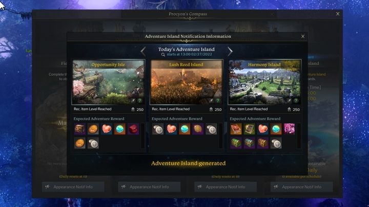 Sprawdzając szczegóły dotyczące wysp, możecie sprawdzić od razu dostępne nagrody - Lost Ark: Procyons Compass - czym jest, jak używać? - Lost Ark - poradnik do gry