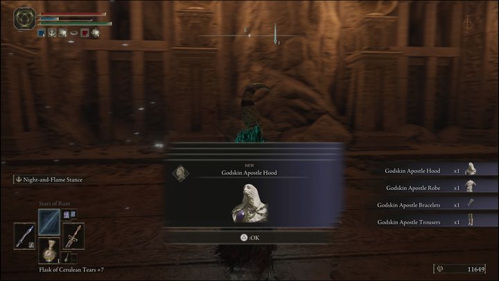 Za pokonanie Apostoła boskiej skóry (Godskin Apostle) w lokacji Boska Wieża Caelid (Divine Tower of Caelid) otrzymacie Set Apostoła boskiej skóry (Godskin Apostles Set) oraz 94000 Run - Elden Ring: Apostoł boskiej skóry (Godskin Apostle) - boss, jak pokonać? - Elden Ring - poradnik do gry