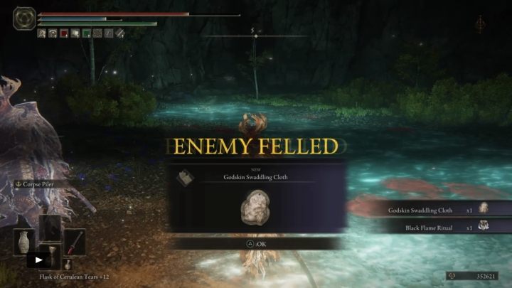 Za pokonanie wersji z Jaskini przywoływacza duchów (Spiritcaller Cave) dostaniecie 70000 run, inkantację Rytuał Czarnego Płomienia (Black Flame Ritual) oraz talizman Pieluszki z boskiej skóry (Godskin Swaddling Cloth) - Elden Ring: Ślimak, Przywoływacz duchów (Spiritcaller Snail)- boss, jak pokonać? - Elden Ring - poradnik do gry