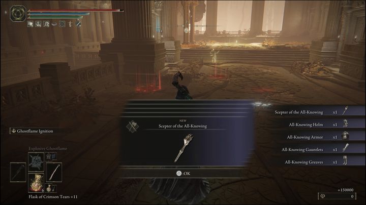 Za pokonanie Sir Gideona Ofnira, Wszechwiedzącego (Sir Gideon Ofnir, the All-Knowing) otrzymacie między innymi 150000 Run, jego broń, Berło Wszechwiedzącego (Scepter of the All-Knowing) oraz Set Wszechwiedzącego (All-Knowings Set) - Elden Ring: Sir Gideon Ofnir, Wszechwiedzący (Sir Gideon Ofnir, the All-Knowing) - boss, jak pokonać? - Elden Ring - poradnik do gry