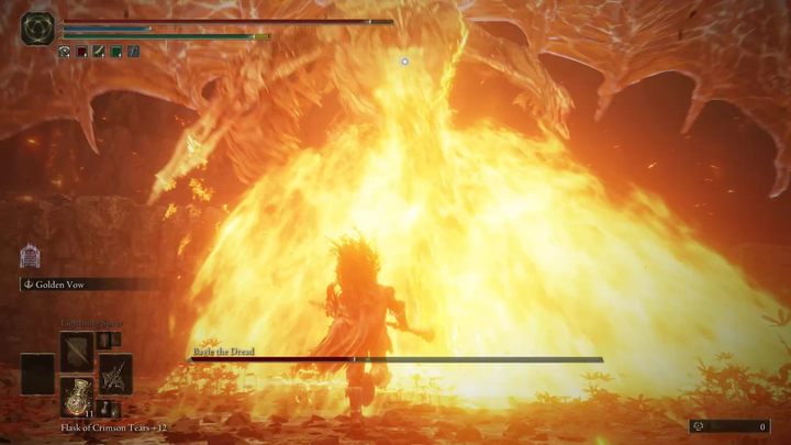 Niebezpieczny jest również atak ogromnym laserem - Bayle wznosi się w powietrze i dwukrotnie strzela laserem, raz w poziomie, potem w pionie - Shadow of the Erdtree: Jak pokonać bossa Bayle Groza (Bayle the Dread)? - Elden Ring - poradnik do gry