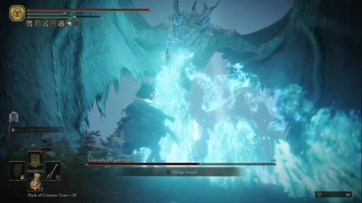 Smok może też unosić się przez chwilę dość nisko nad ziemią i zionąć magicznym ogniem - Elden Ring: Adula, błyskamienny smok (Glinstone Dragon Adula) - boss, jak pokonać? - Elden Ring - poradnik do gry