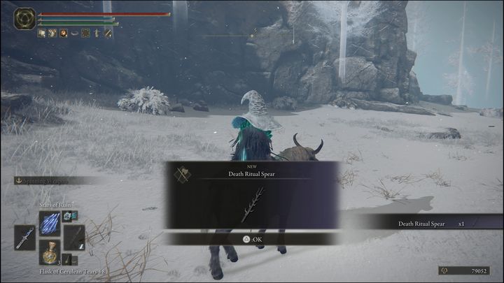 Za pokonanie trzeciej wersji bossa znajdującej się w Szczytach Gór Olbrzymów (Mountaintops of the Giants), otrzymacie broń, Włócznię rytuału śmierci (Death Ritual Spear) oraz 77000 Run - Elden Ring: Ptak śmierci / Ptak rytuału śmierci (Death Bird / Death Rite Bird)- boss, jak pokonać? - Elden Ring - poradnik do gry