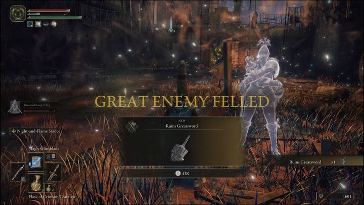 Za pokonanie wersji bossa znajdującej się w Zamku Lwiej Grzywy (Redmane Castle) otrzymacie broń, Wielki miecz ruin (Ruins Greatsword) oraz 16000 Run - Elden Ring: Leonine Misbegotten (Lwi wynaturzeniec) - boss, jak pokonać? - Elden Ring - poradnik do gry