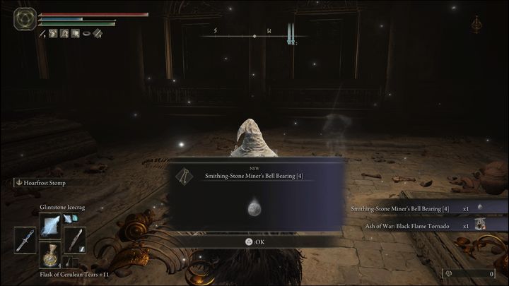 Za pokonanie Duetu boskiej skóry otrzymacie Runy (170000), Dzwonek kulisty górnika kamienia kowalskiego [4] (Smithing Stone Miners Bell Bearing [4]) oraz Popiół wojny: Tornado czarnego płomienia (Ash of War: Black Flame Tornado) - Elden Ring: Duet boskiej skóry (Godskin Duo) - boss, jak pokonać? - Elden Ring - poradnik do gry