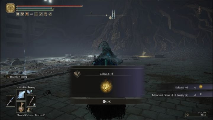 Za pokonanie Ducha owrzodzonego drzewa (Ulcerated Tree Spirit) w Szczytach Gór Olbrzymów (Mountaintops of the Giants) otrzymacie Złote nasiono (Golden Seed) oraz Dzwonek kulisty zbieracza konwalii [2] (Glovewort Pickers Bell Bearing [2]) - Elden Ring: Duch owrzodzonego drzewa (Ulcerated Tree Spirit) - boss, jak pokonać? - Elden Ring - poradnik do gry