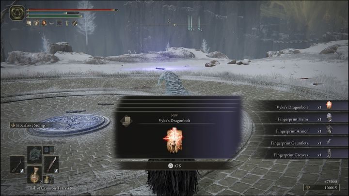 Za pokonanie Vykego, rycerza okrągłego stołu (Roundtable Knight Vyke) otrzymacie opuszkowy set (Fingerprints Set), inkantację Smoczy piorun Vykego (Vykes Dragonbolt) oraz 75000 Run - Elden Ring: Vyke, rycerz okrągłego stołu (Roundtable Knight Vyke) - boss, jak pokonać? - Elden Ring - poradnik do gry