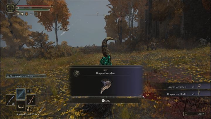 Za pokonanie Smoczego strażnika drzewa otrzymacie broń, Wielki smoczy pazur (Dragon Greatclaw), Tarczę smoczego szponu (Dragonclaw Shield) oraz 50000 Run - Elden Ring: Smoczy strażnik drzewa (Draconic Tree Sentinel) - boss, jak pokonać? - Elden Ring - poradnik do gry