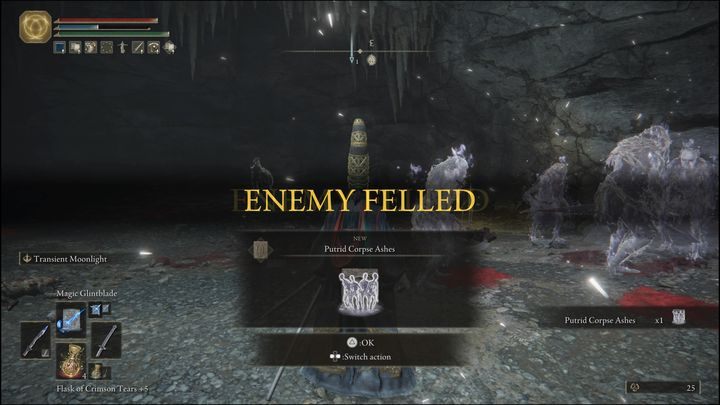 Za pokonanie wersji bossa znajdującej się w Caelid, otrzymacie Prochy gnijącego upiora (Putrid Corpse Ashes) oraz 6700 Run - Elden Ring: Strażnik Grobów, pojedynkowicz (Grave Warden Duelist) -boss, jak pokonać? - Elden Ring - poradnik do gry