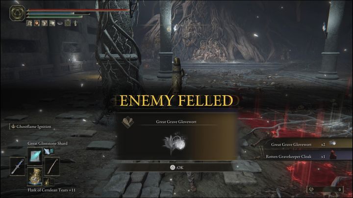 Pokonując ostatnią wersję bossa, która znajduje się w Uświęconych Śnieżnych Równinach (Consecrated Snowfield), otrzymacie Wielką nagrobną konwalię x2 (Great Grave Glovewort x2), Przegniły płaszcz strażnika grobów (Rotten Gravekeeper Cloak) oraz 80000 Run - Elden Ring: Strażnik Grobów, pojedynkowicz (Grave Warden Duelist) -boss, jak pokonać? - Elden Ring - poradnik do gry