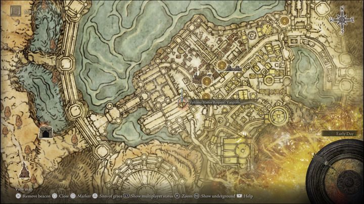 Po dołączeniu do Wulkanicznego dworu (Volcano Manor) i otrzymaniu listu ze zleceniem zabójstwa od Bernahla, udajcie się we wskazane na obrazku miejsce - Elden Ring: Czary i Inkantacje (Góra Gelmir) - lista wszystkich - Elden Ring - poradnik do gry