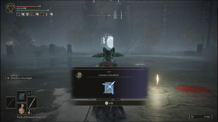 Za pokonanie Loretty, królewskiego rycerza, otrzymacie Runy (10000), Wielki Łuk Loretty, który jest czarem o dalekim zasięgu, oraz Popiół Wojny: Cięcie Loretty - Elden Ring: Loretta, królewski rycerz (Royal Knight Loretta) - boss, jak pokonać? - Elden Ring - poradnik do gry