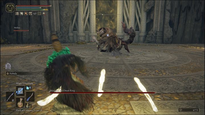 Będąc dalej od niego, prowokujecie go do użycia dystansowych ataków, jak szybki rzut trzema sztyletami lub wolniejszy atak, polegający na rzuceniu włóczni w Waszą stronę - Elden Ring: Morgott, Król Omenów (Morgott, The Omen King) - boss, jak pokonać? - Elden Ring - poradnik do gry