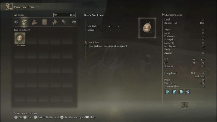 Naszyjnik Ryi (Ryas Necklace) kosztować Was będzie 1000 Run - Elden Ring: Rya / Zorayas - solucja, opis przejścia - Elden Ring - poradnik do gry