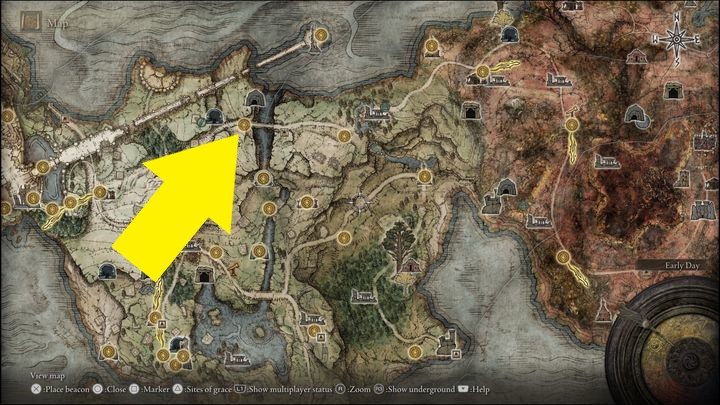 Alexander znajduje się nieopodal miejsca łaski Most Świętych (Saintsbridge) w Pogrobnie (Limgrave) - Elden Ring: Alexander, Żelazna Pięść (Iron Fist Alexander) - solucja, opis przejścia - Elden Ring - poradnik do gry