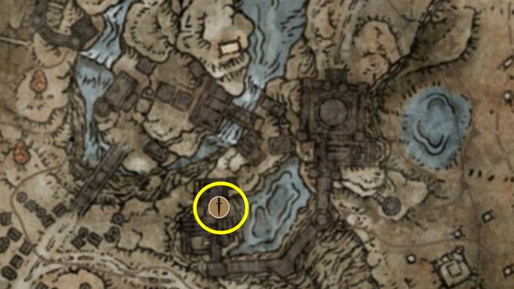 Na zachód od przeciwnika Moonrithyll, Karian Knight w zamku Ensis znajdują się schody - Shadow of the Erdtree: Wszystkie nowe bronie mapa - Elden Ring - poradnik do gry