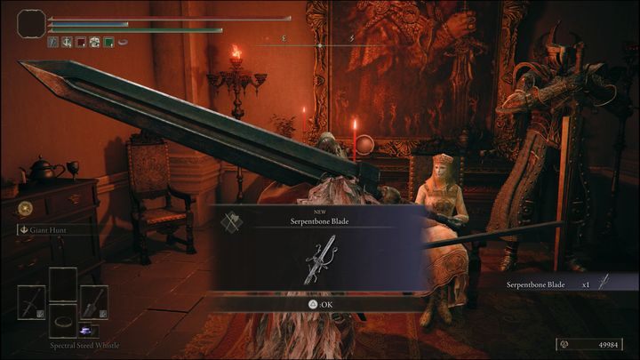 Natomiast po rozmowie z Tanith, gdy już dacie jej znać, że wykonaliście zlecenie, otrzymacie nową broń, Ostrze z Wężowej Kości (Serpentbone Blade) - Elden Ring: Tanith / Wulkaniczny Dwór (Volcano Manor) - solucja, opis przejścia - Elden Ring - poradnik do gry