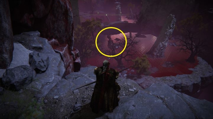 By skutecznie farmić w tym miejscu, stojąc na klifie przy miejscu łaski strzelajcie z łuku do ogromnego ptaka wędrującego po jeziorze krwi w oddali - Elden Ring: Gdzie farmić runy? - Elden Ring - poradnik do gry