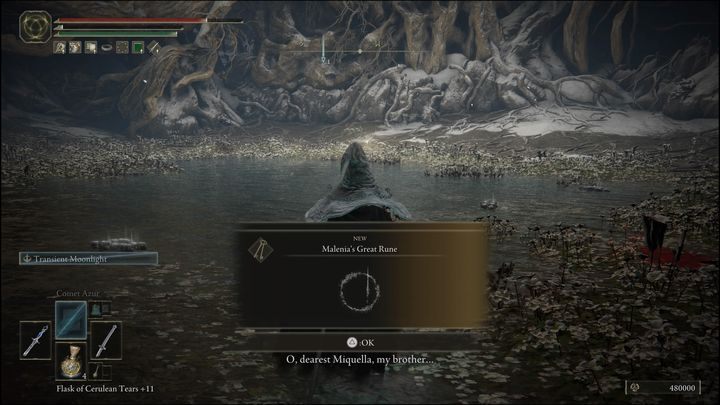 Za pokonanie Malenii, Ostrza Miquelli, otrzymacie Runy (480000), Wizerunek Bogini Zgnilizny (Remembrance of the Rot Goddes) oraz Wielki Run Malenii (Malenias Great Rune) - Elden Ring: Malenia, Ostrze Miquelli (Malenia, Blade of Miquella) - boss, jak pokonać? - Elden Ring - poradnik do gry