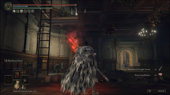 Po zjechaniu windą na dół, wejdźcie do kolejnego pomieszczenia, a w nim po prawej stronie będzie drabina - Elden Ring: Łajnożerca (Dung Eater) / Szubrawiec Boggart (Blackguard Boggart) - solucja, opis przejścia - Elden Ring - poradnik do gry