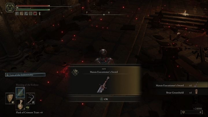 Za pokonanie Elemera od Głogu otrzymacie Runy (24 000) oraz legendarny Miecz kata Maraisa (Marais Executioners Sword) i Wielką tarczę głogu (Briar Greatshield) - Elden Ring: Elemer od Głogu (Elemer of the Briar) - boss, jak pokonać? - Elden Ring - poradnik do gry