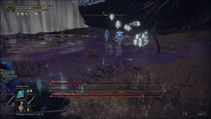 Uważajcie na Lionela, gdyż jego czar tworzący kilka czaszek, bardzo dobrze podąża za przeciwnikiem, czyli za Wami - Elden Ring: Czempioni Fii (Fias Champions) - boss, jak pokonać? - Elden Ring - poradnik do gry