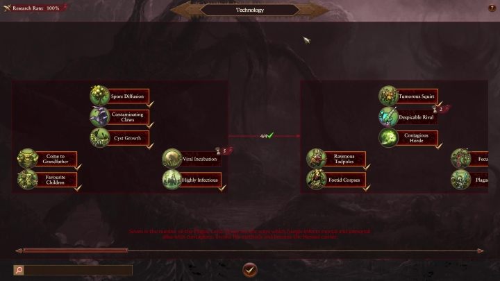 Drzewko rozwoju rasy Nurgle jest podzielone na prostokąty, a w każdym z nich znajduje się po siedem technologii - Total War Warhammer 3: Nurgle, Technologie i budynki - jakie na początek? - Total War Warhammer 3 - poradnik do gry