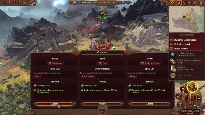 Listę zleceń można wybrać z menu kołowego w prawym dolnym rogu ekranu - Total War Warhammer 3: Królestwa ogrów - unikalne mechaniki - Total War Warhammer 3 - poradnik do gry