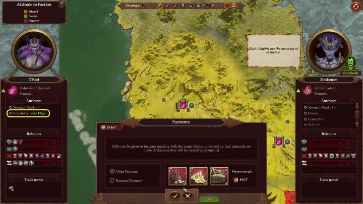 Przykładowo, jeżeli macie ochotę na sojusz militarny, to warto zacząć od paktu o nieagresji i stopniowo budować pozytywne relacje - Total War Warhammer 3: Dyplomacja - Total War Warhammer 3 - poradnik do gry