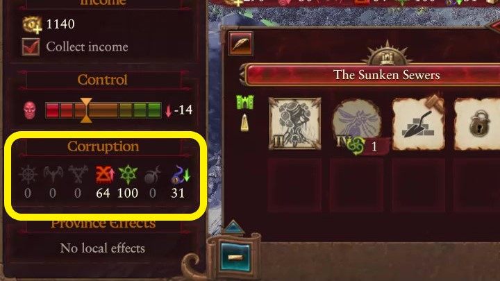 Poziom spaczenia prowincji możecie sprawdzić wybierając dowolną osadę. Pojawi się w lewym dolnym rogu. - Total War Warhammer 3: Szczeliny i spaczenie - Total War Warhammer 3 - poradnik do gry