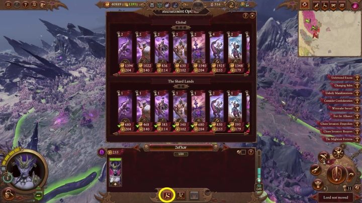 Jeżeli chcecie nająć wojska Waszej rasy, to musicie nacisnąć przycisk zaznaczony na górze - Total War Warhammer 3: Armia - werbunek i uzupełnianie - Total War Warhammer 3 - poradnik do gry