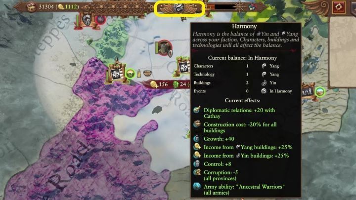 Stan Waszej Równowagi możecie sprawdzić na górze, w środkowej części ekranu - Total War Warhammer 3: Wielki Kataj - unikalne mechaniki - Total War Warhammer 3 - poradnik do gry