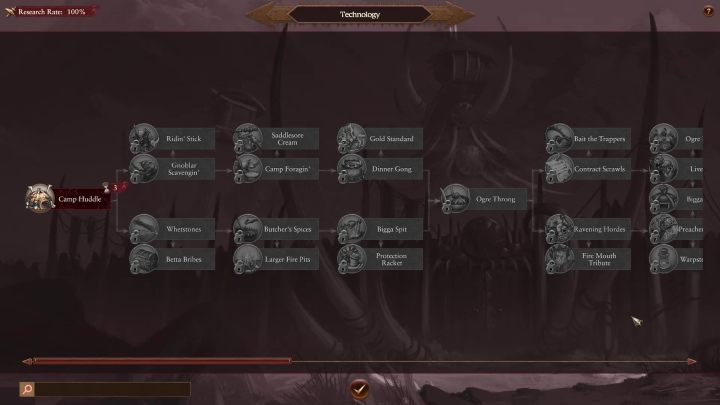 Pomimo, że praktycznie od samego początku możecie opracowywać technologie związane z kawalerią, to w ciągu pierwszych tur nie opłaca się tego robić, bo nie możecie jej rekrutować - Total War Warhammer 3: Królestwa ogrów, Technologie i budynki - jakie na początek? - Total War Warhammer 3 - poradnik do gry