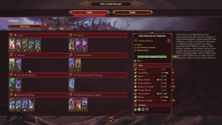 W miarę możliwości jak najszybciej w Waszych armiach powinny zadomowić się wielofunkcyjne Różowe Strachulce Tzeentcha (znacznie lepsze niż Niebieskie wersje tych demonów) - Total War Warhammer 3: Tzeentch - wojsko - Total War Warhammer 3 - poradnik do gry