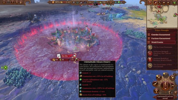 Osiedlając się w najgorszym klimacie dla Waszej rasy musicie być gotowi na 3 punkty spadku kontroli, 50% droższe budynki, 15% wolniejsze uzupełnianie armii, -7 wzrostu, +100% czasu konstrukcji budynków, +1 turę czasu rekrutacji oraz -50% dochodu ze wszystkich budynków - Total War Warhammer 3: Rozwój osad, budynki i klimat - Total War Warhammer 3 - poradnik do gry