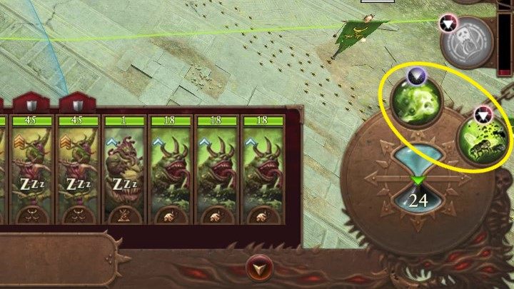 Drugi rodzaj czarów możecie znaleźć nad klepsydrą pokazującą Wasz obecny stan Wiatrów magii (ujrzycie je po wybraniu postaci) - Total War Warhammer 3: Wiatry magii i czary - Total War Warhammer 3 - poradnik do gry