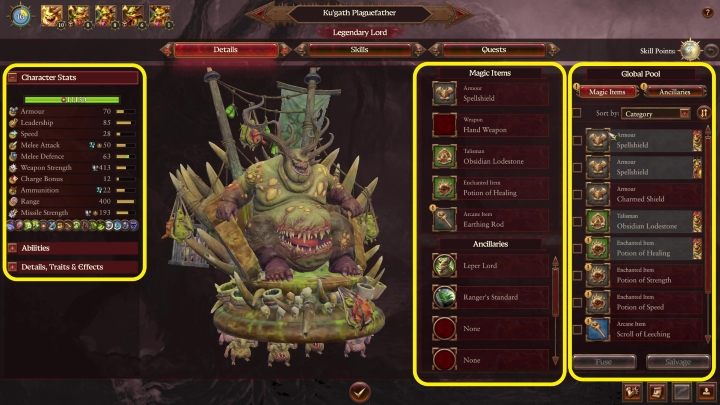 Otworzy się wtedy zakładka, domyślnie ustawiona na ekwipunku (choć można zmieniać jej strony) - Total War Warhammer 3: Ekwipunek i misje - szczegóły - Total War Warhammer 3 - poradnik do gry