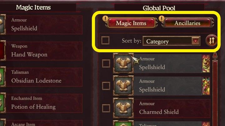 Nad listą możecie znaleźć opcje sortowania - Total War Warhammer 3: Ekwipunek i misje - szczegóły - Total War Warhammer 3 - poradnik do gry